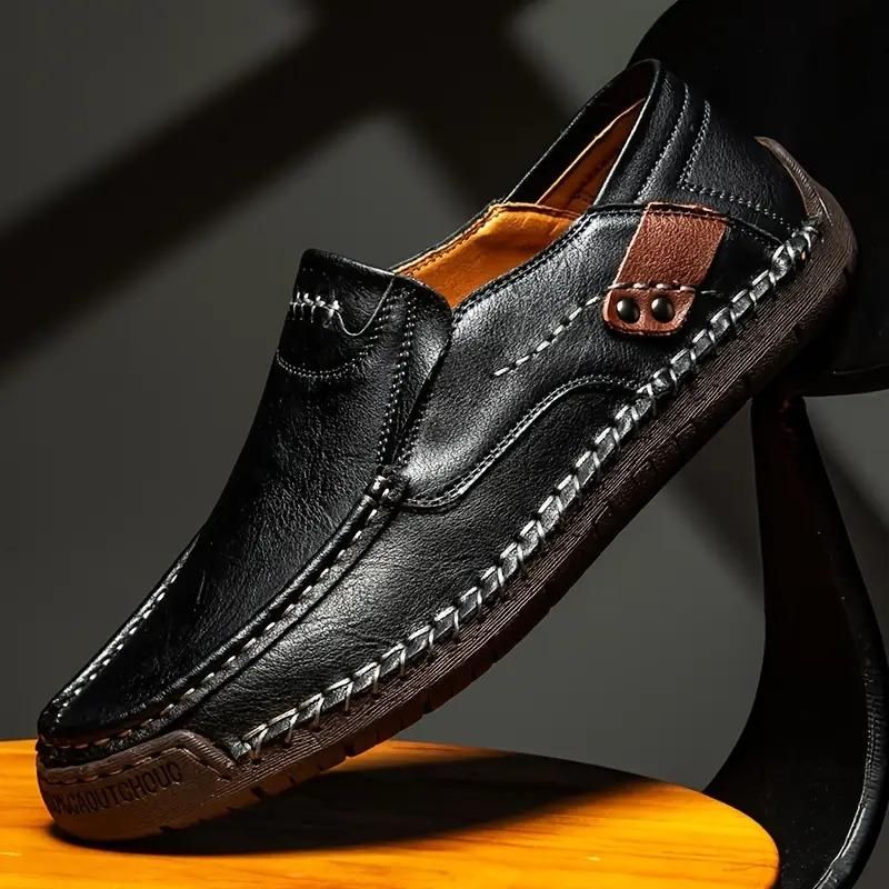 👞🖤 Men’s Loafers Leather Hand-Stitched Casual Shoes – Black 😎✨