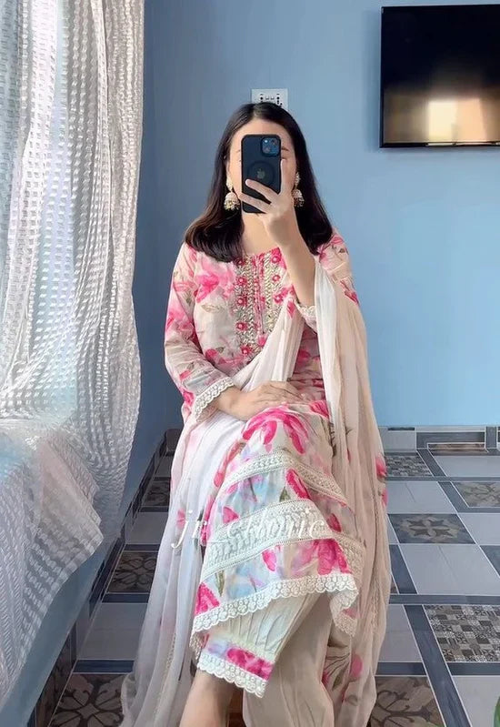 Pink stunning Floral Suit Set With Dupatta